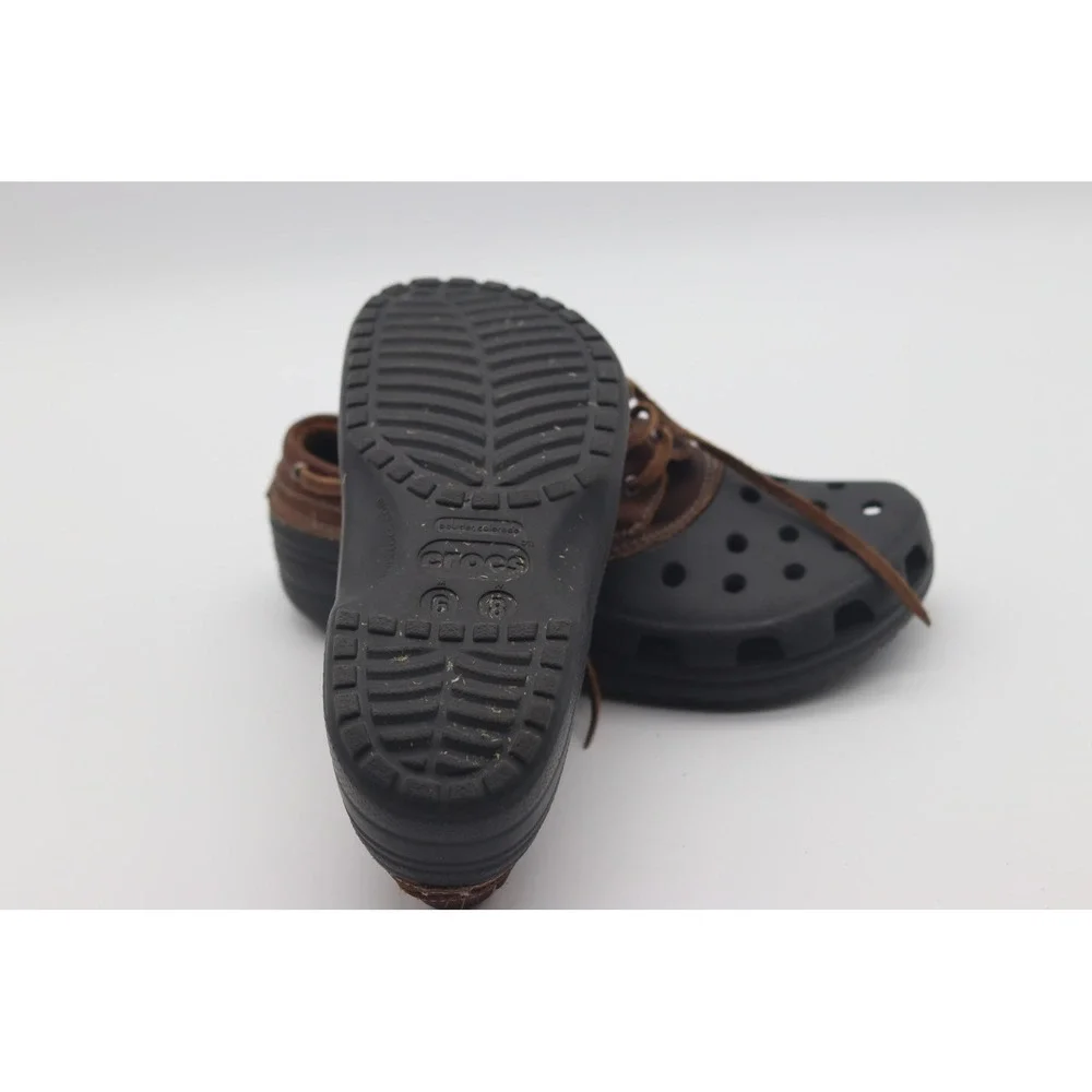 Crocs Leather Boat Shoe Clogs Brown Black Mens 6 Womens 8 Water Resistant Hybrid